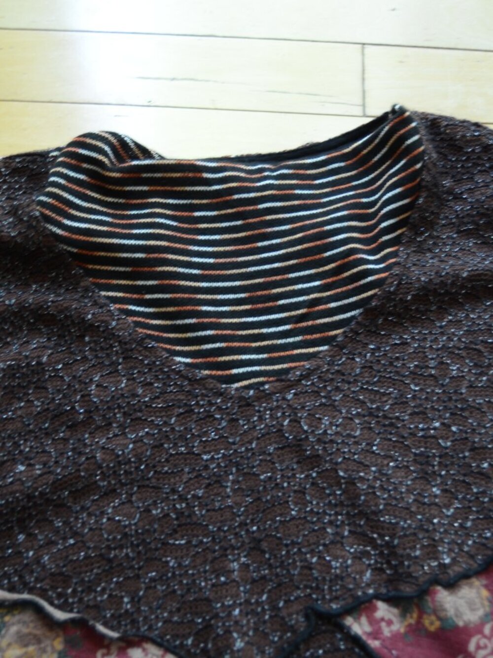 Ali Miles Brown Mixed Media Patchwork Cowl Neck Tunic Shirt Boho Artsy Size L - Picture 7 of 10